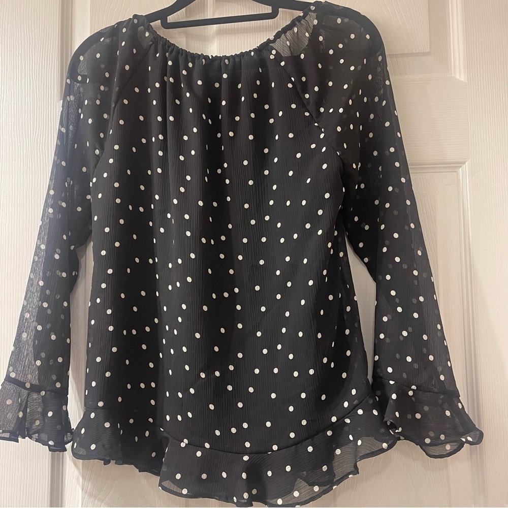 ❤️2/$15 or 3/$21❤️Tommy Hilfiger Sheer Black Blouse w/White Polka Dots, Size XS